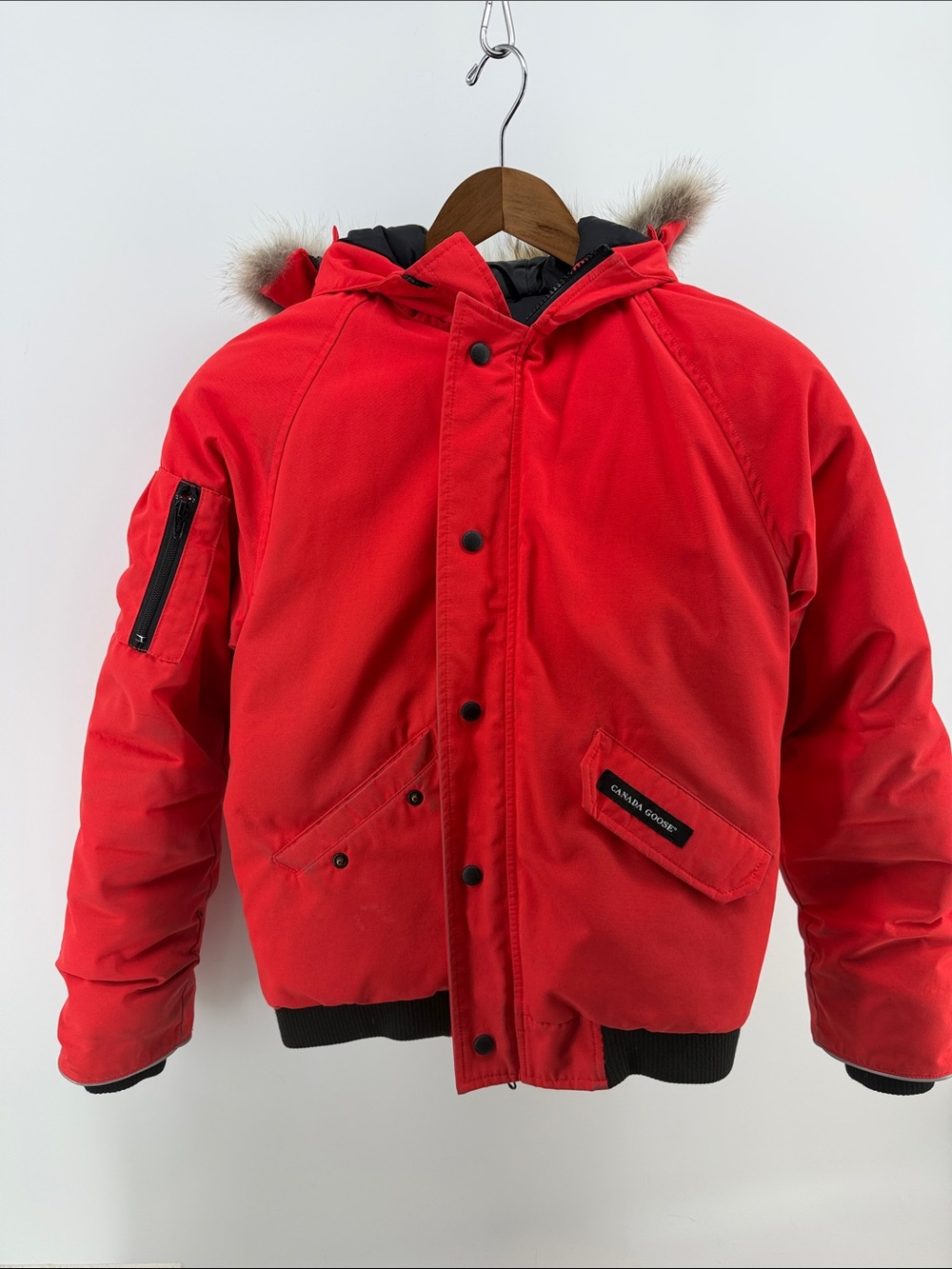 Canada Goose Red Kids Bomber-Style Insulated Jacket with Fur Trim Hood